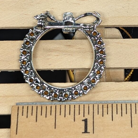 Silver-Tone Blue Rhinestone Circle Wreath Brooch Pin Bow Elegant 1.25" - Picture 2 of 2